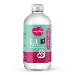 The front view of a MojoMe pure MCT Oil bottle displays vibrant turquoise and pink labelling with bold white and magenta text. The label reads 'pure MCT OIL C8:70 C10:30 MEDIUM CHAIN TRIGLYCERIDES', emphasising the product's key ingredient. Icons indicating the product's benefits for promoting ketone production and sustained energy are visible. The design includes a whimsical heart and swirl patterns, reinforcing the health-focused branding