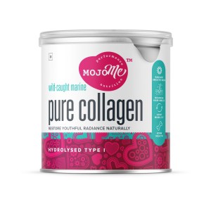 A 250g container of MojoMe marine collagen powder displayed against a white background. The packaging is accented with pink and turquoise graphics, emphasising its key benefits like radiant skin, nourish nails and joint health, all derived from wild-caught, hydrolysed type I marine collagen peptides